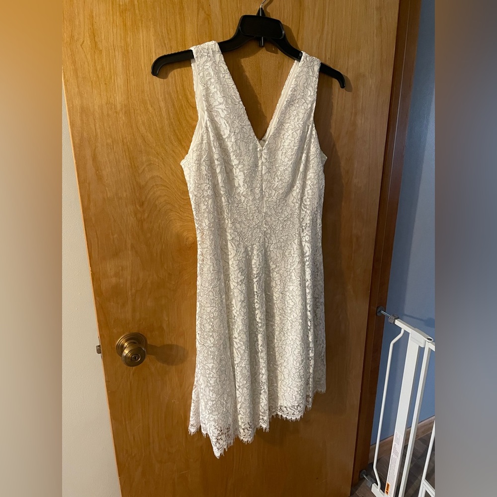 Kensie Lace V-Neck Sleeveless Fit and Flare Dress, white/silver size 12